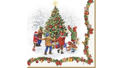 Karácsonyfa körül táncoló gyerekek papírszalvéta